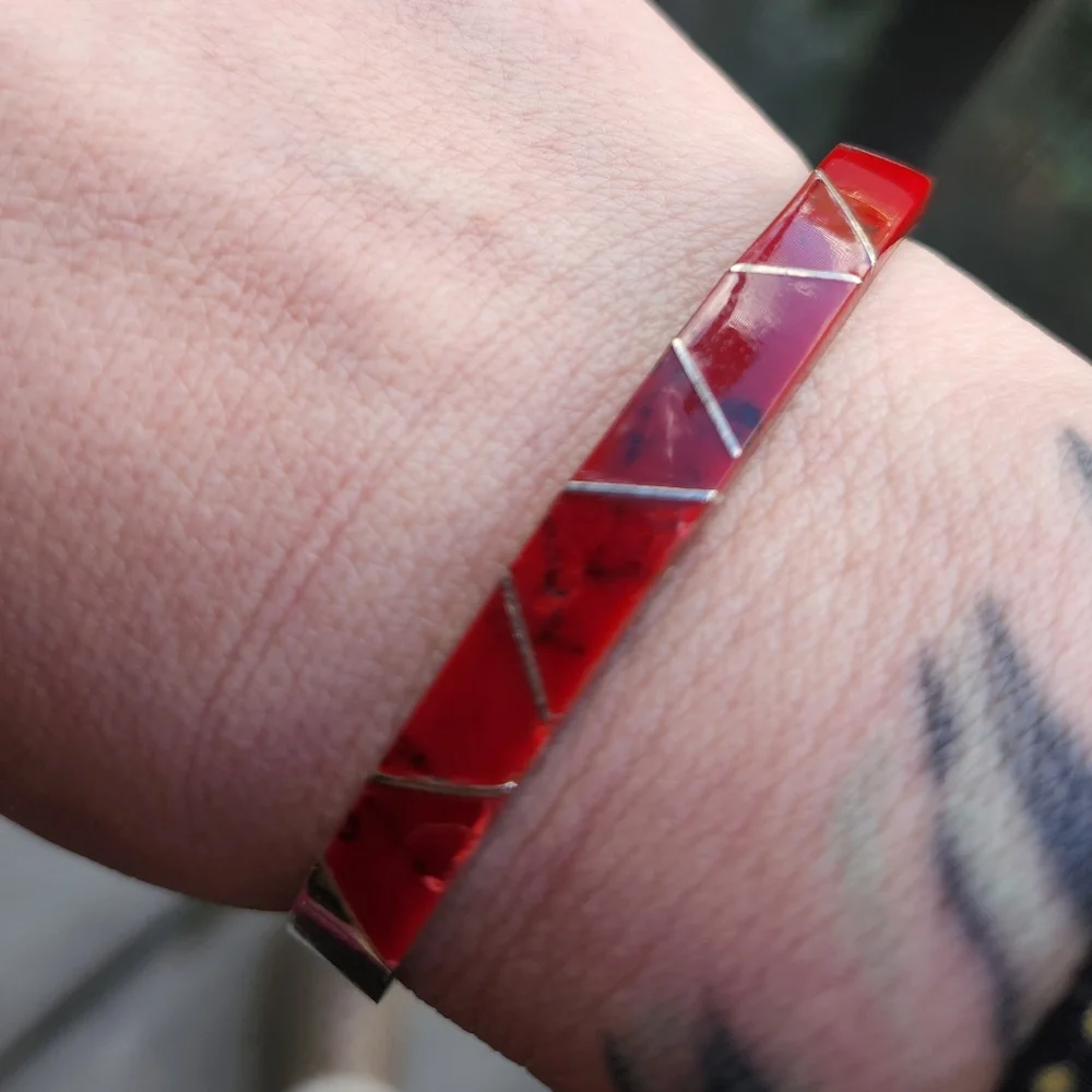 Handmade Sterling Silver 925 Mexico Red Jasper Inlay Hinge Bangle Bracelet